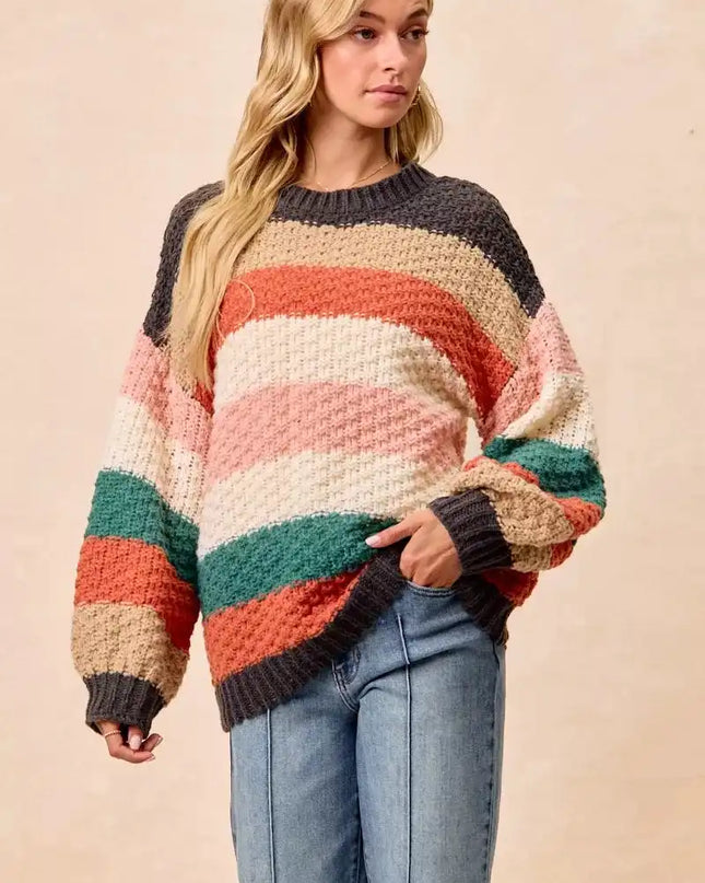BiBi Stripes Color Block Chunky Sweater - Sleekdenim.com