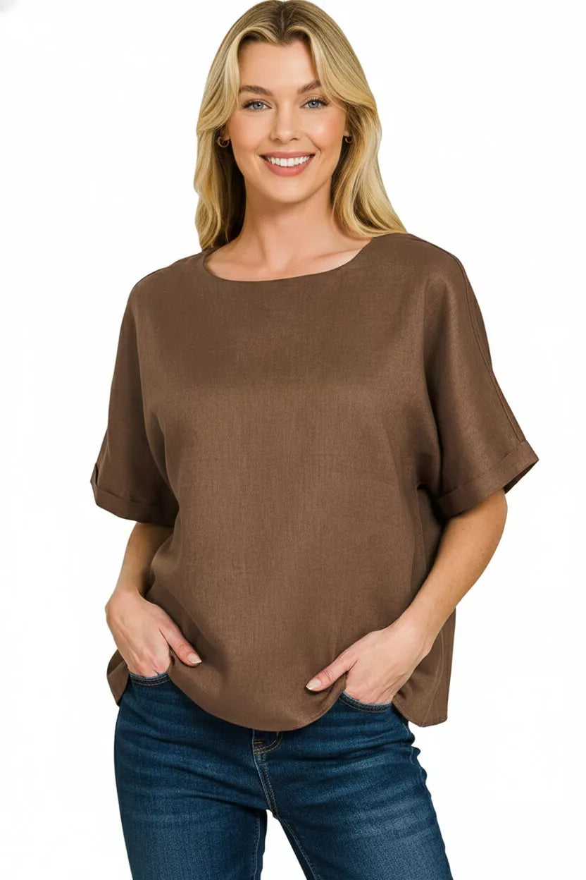 Zenana Linen Round Neck Cuffed Sleeve Top - Image 2