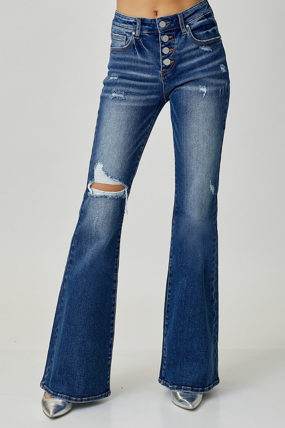 RISEN Distressed Button-Fly Flare Jeans | Sleekdenim.com