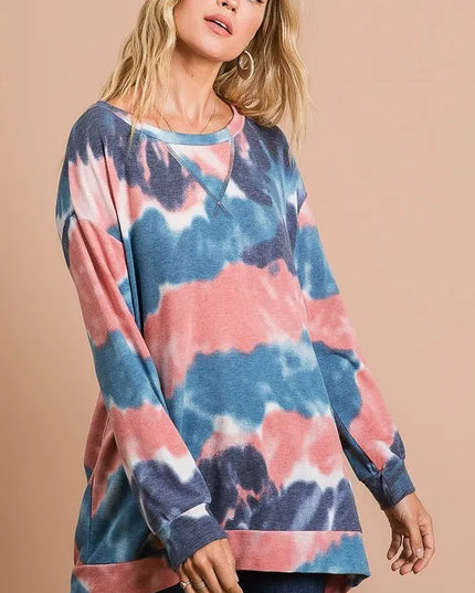 BiBi Tie Dye French Terry Pull Over with Front Stitching Detail - Sleekdenim.com
