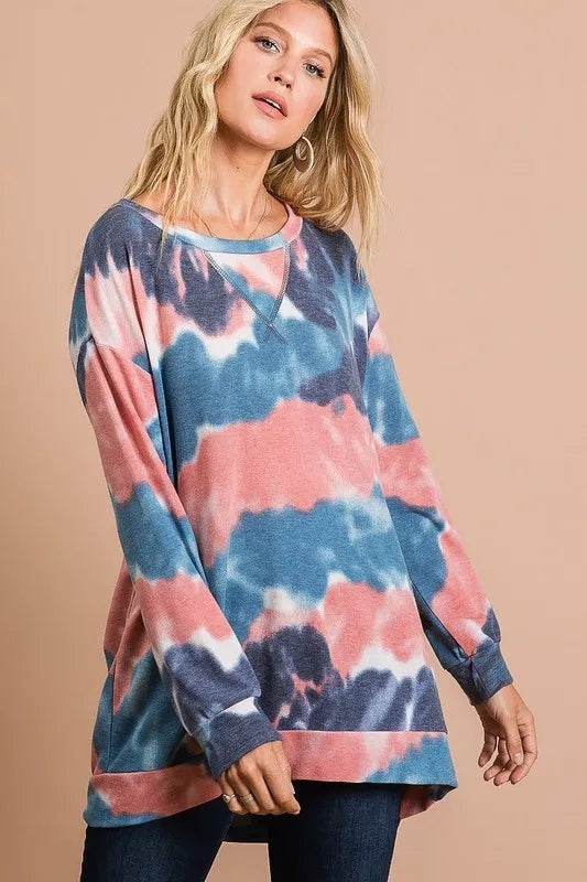 BiBi Tie Dye French Terry Pull Over with Front Stitching Detail - Sleekdenim.com