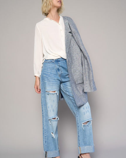 High Waist Crossover Ripped Straight Jeans - Sleekdenim.com