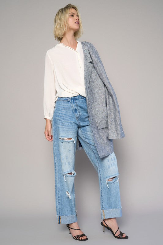 High Waist Crossover Ripped Straight Jeans - Sleekdenim.com
