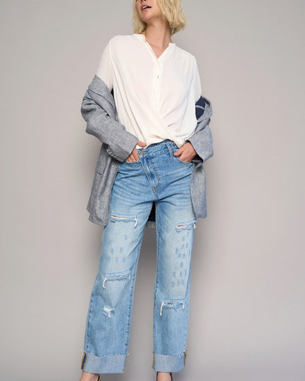 High Waist Crossover Ripped Straight Jeans - Sleekdenim.com