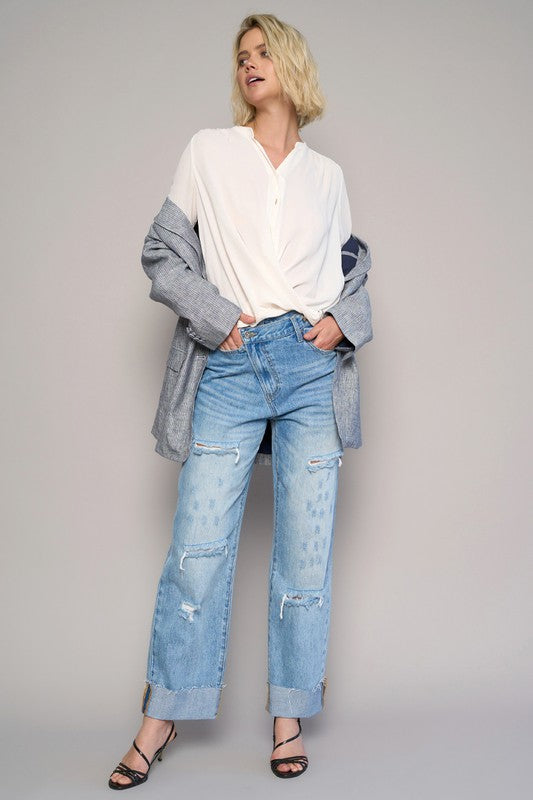 High Waist Crossover Ripped Straight Jeans - Sleekdenim.com
