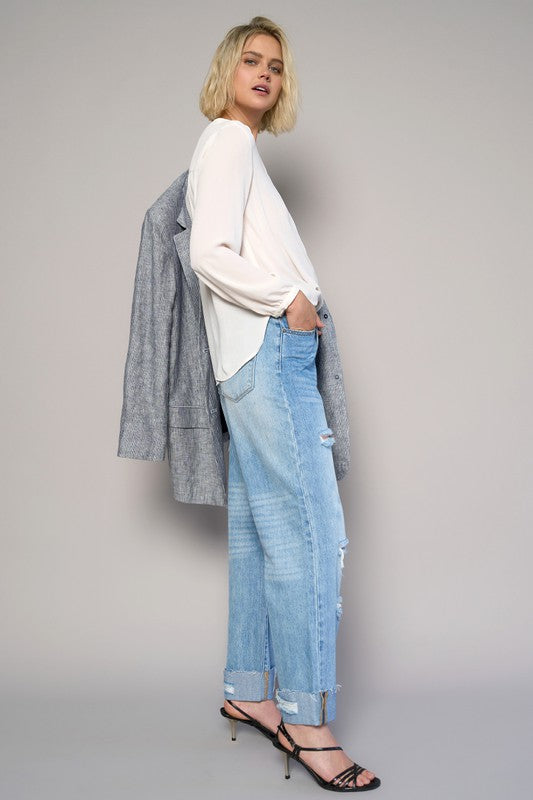 High Waist Crossover Ripped Straight Jeans - Sleekdenim.com