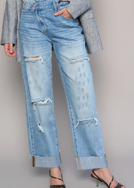 High Waist Crossover Ripped Straight Jeans - Sleekdenim.com