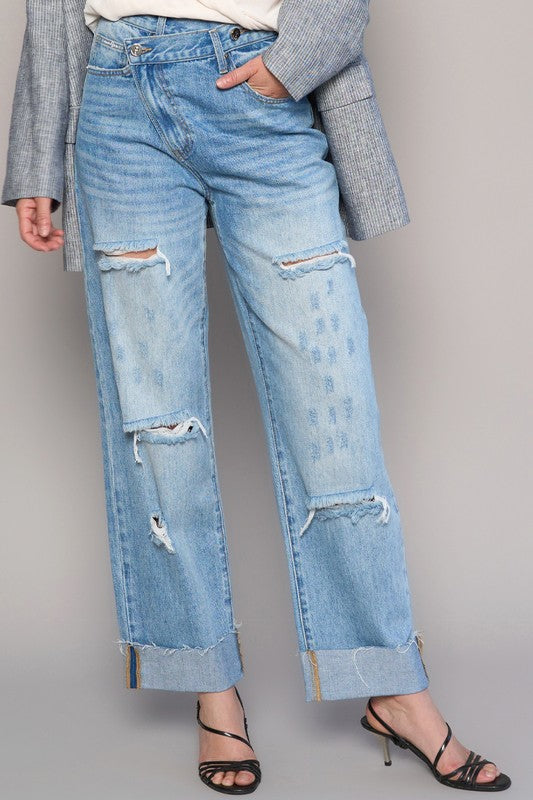High Waist Crossover Ripped Straight Jeans - Sleekdenim.com