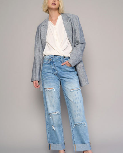 High Waist Crossover Ripped Straight Jeans - Sleekdenim.com