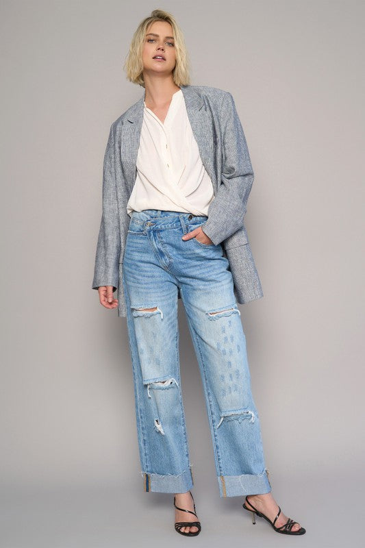 High Waist Crossover Ripped Straight Jeans - Sleekdenim.com