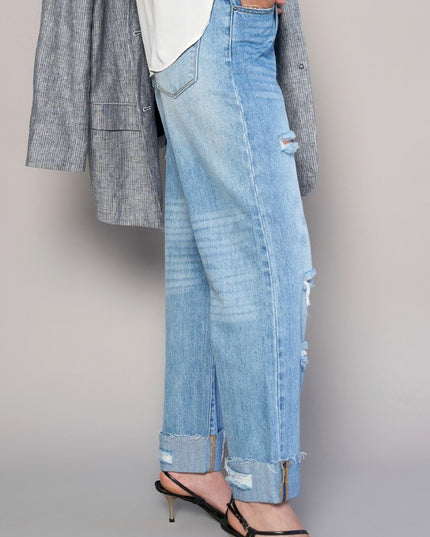 High Waist Crossover Ripped Straight Jeans - Sleekdenim.com