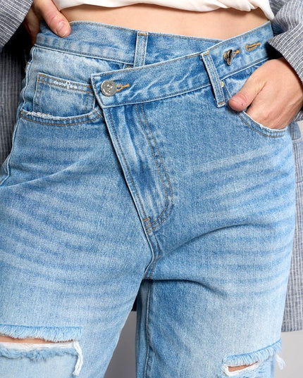 High Waist Crossover Ripped Straight Jeans - Sleekdenim.com