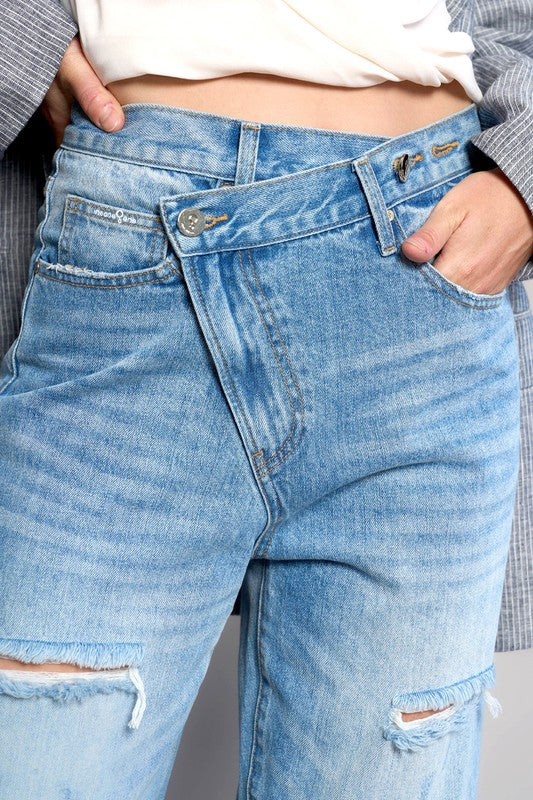 High Waist Crossover Ripped Straight Jeans - Sleekdenim.com