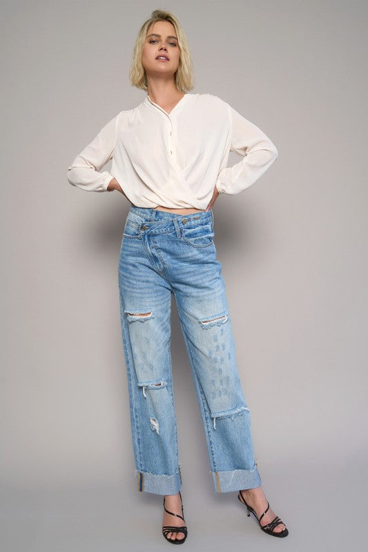 High Waist Crossover Ripped Straight Jeans - Sleekdenim.com