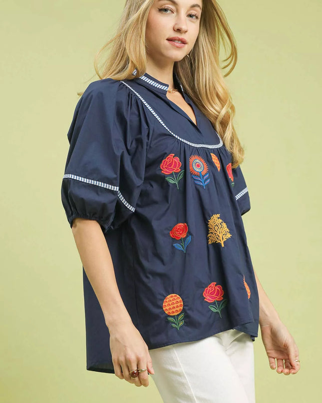 Umgee Embroidered Floral Puff Sleeve Top - Sleekdenim.com