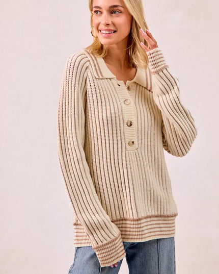 BiBi Half Button Ribbed Two Tone Sweater - Sleekdenim.com