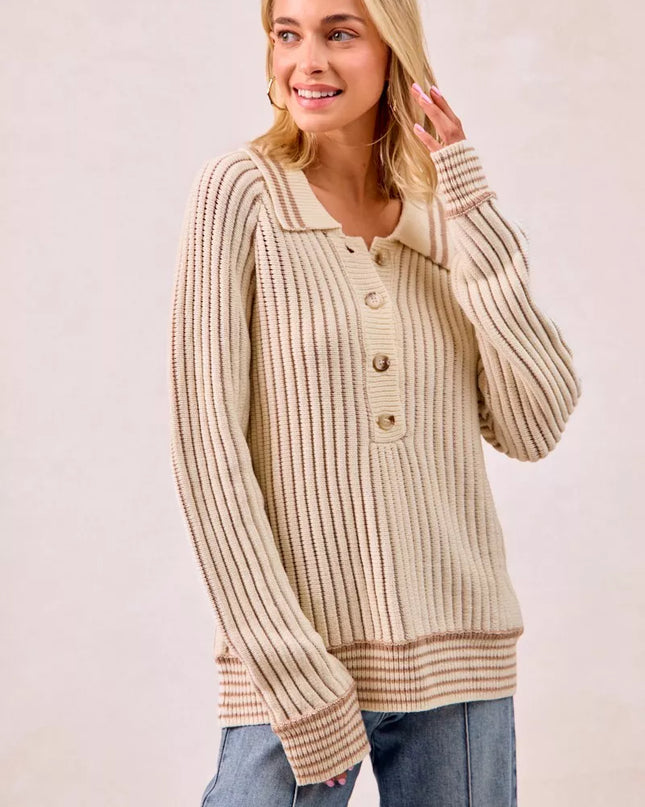 BiBi Half Button Ribbed Two Tone Sweater - Sleekdenim.com