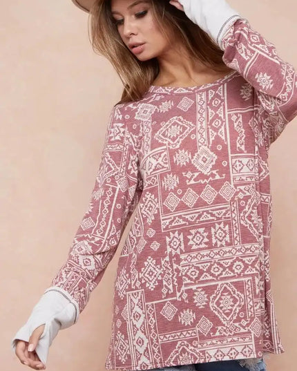 BiBi Aztec Print French Terry Top with Thumb Opening - Sleekdenim.com