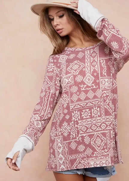 BiBi Aztec Print French Terry Top with Thumb Opening - Sleekdenim.com