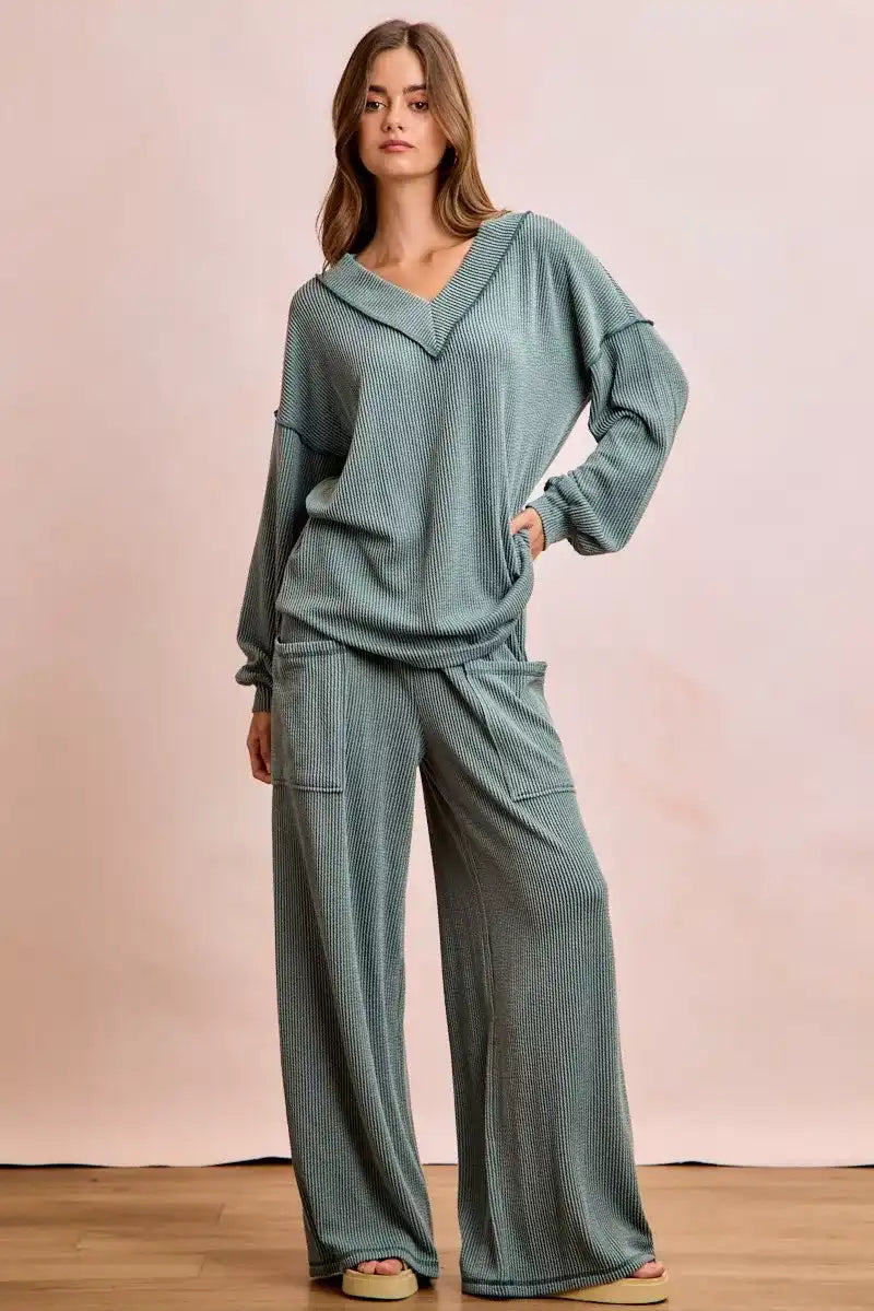 BiBi Two Tone Cord Rib Contrast Stitching V-Neck Top and Pants Set - Sleekdenim.com