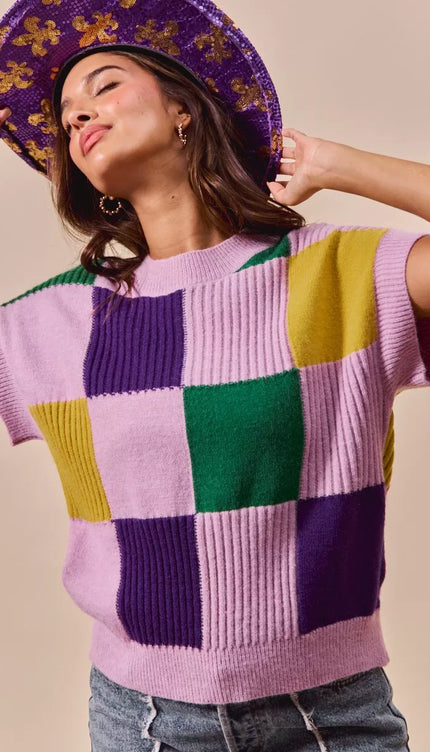 SO ME Mardi Gras Check Plaid Casual Sweater Top - 10