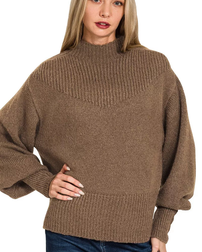 Zenana Balloon Sleeve Mock Neck Sweater - Sleekdenim.com