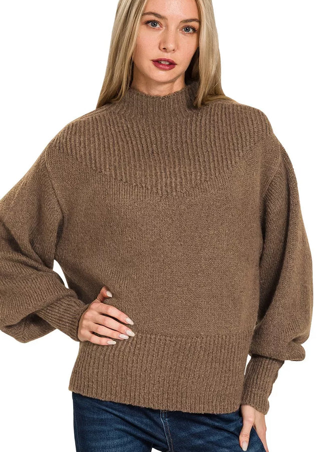 Zenana Balloon Sleeve Mock Neck Sweater - Sleekdenim.com