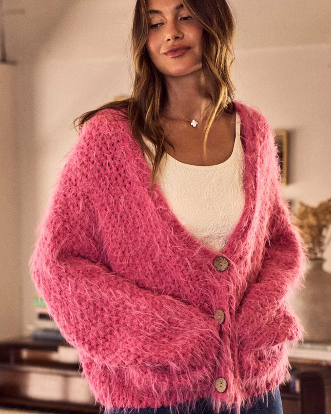 SO ME Soft Touch Hairy Loose Fit Cozy Sweater Cardigan - Sleekdenim.com