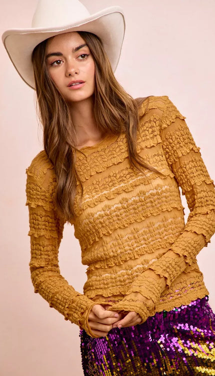 BiBi Ruffles Detail Mardi Gras Color Flower Lace Top - 1