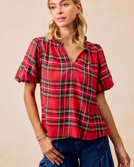 BiBi Christmas Plaid Short Sleeves Ruffled Blouse - Sleekdenim.com