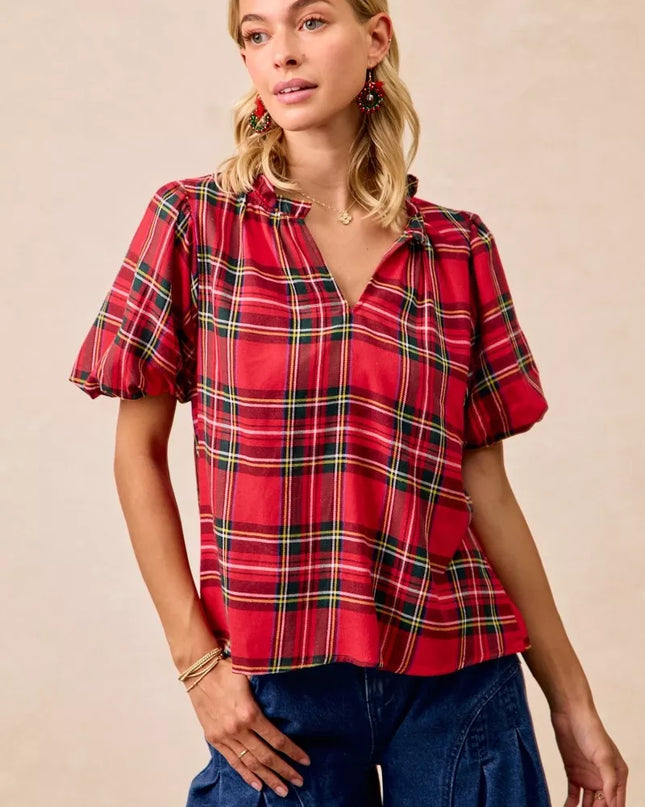BiBi Christmas Plaid Short Sleeves Ruffled Blouse - Sleekdenim.com