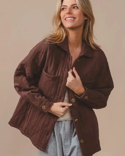 BiBi Quilted Wrinkle Gauze Long Sleeve Shacket - Sleekdenim.com