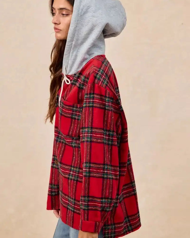 BiBi Brushed Plaid Hooded Jacket - Sleekdenim.com