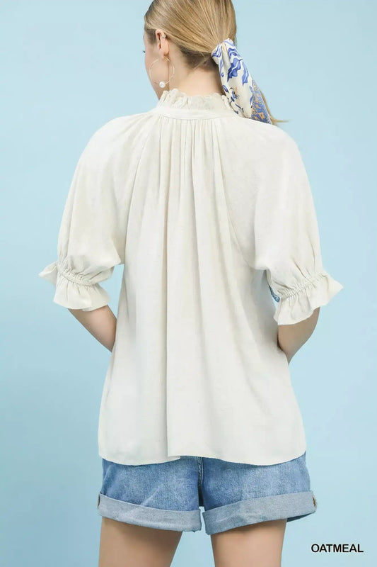 Umgee Linen Scalloped Ruffle Neck Blouse - Sleekdenim.com