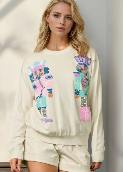 Double Take Full Size Sequin Nutcracker Long Sleeve Sweater - Sleekdenim.com