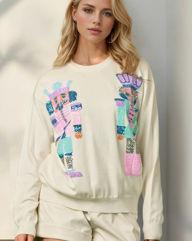 Double Take Full Size Sequin Nutcracker Long Sleeve Sweater - Sleekdenim.com