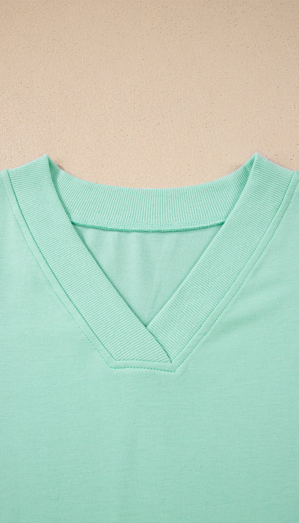 Bonbon Solid Color V Neck Tee Drawstring Pant Set - Sleekdenim.com