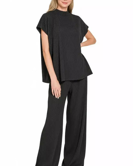 Zenana Raised Rib Short Sleeve Tee & Pants Set - Sleekdenim.com