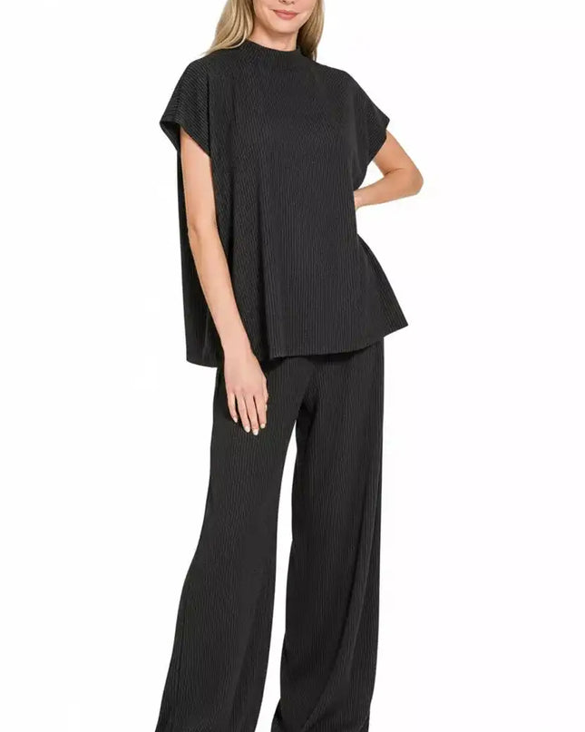 Zenana Raised Rib Short Sleeve Tee & Pants Set - Sleekdenim.com