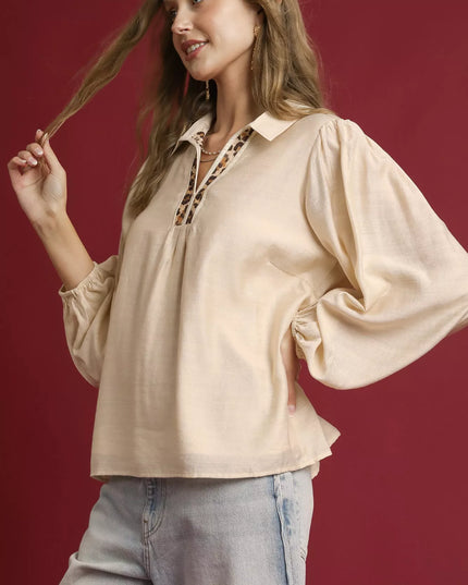 Umgee Long Sleeve Blouse with Leopard Print Trim - Sleekdenim.com