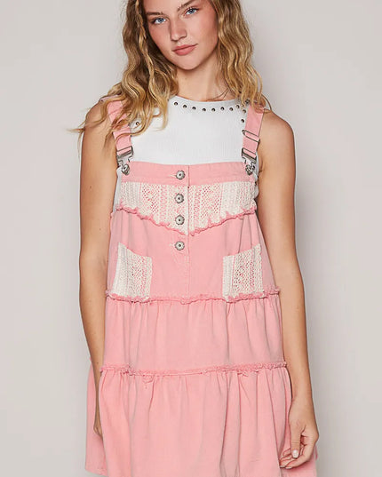 POL Lace Patchwork Detail Denim Overall Dress - Sleekdenim.com