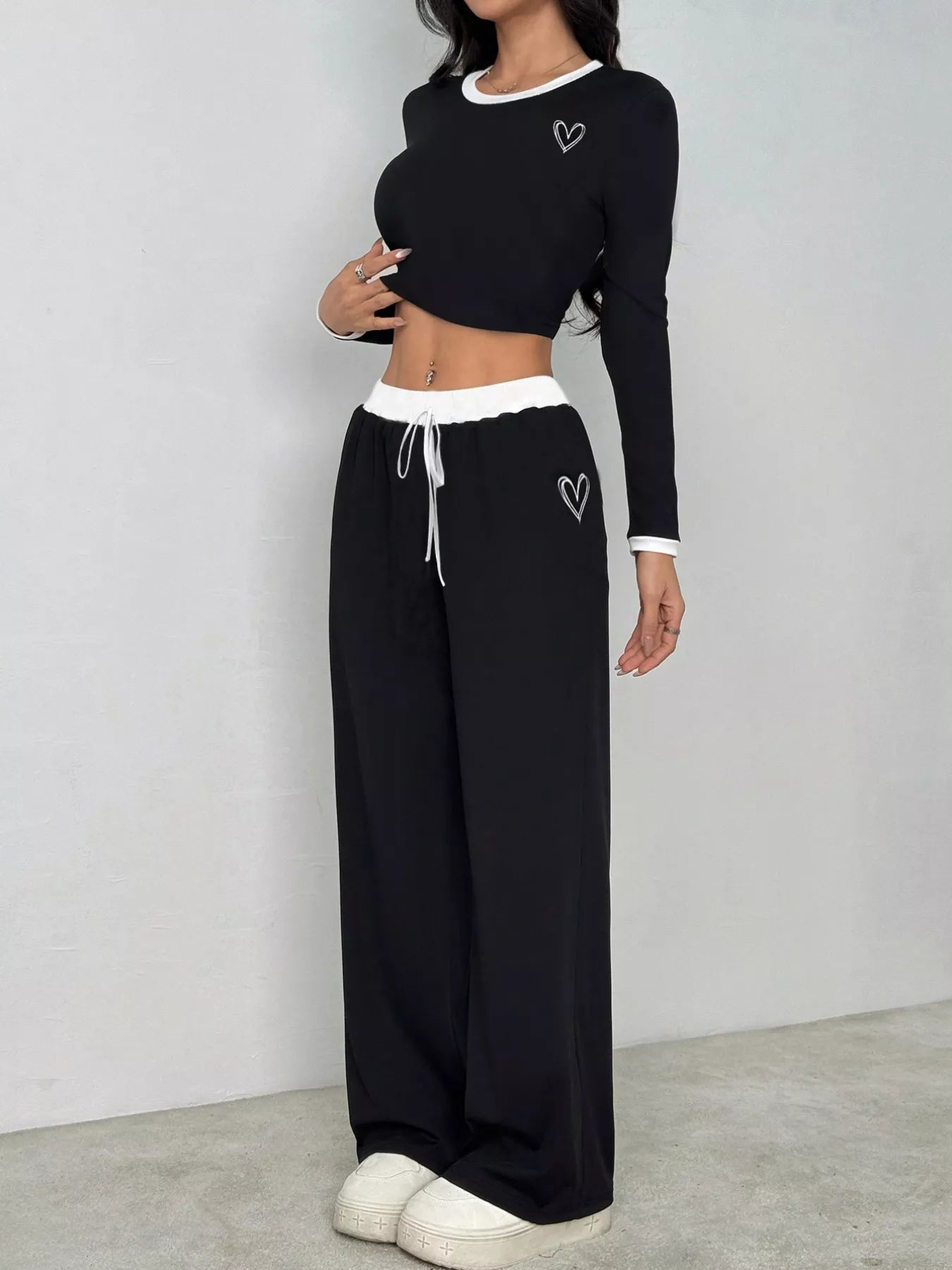 Contrast Trim Crop Top and Wide Leg Pants Set - Sleekdenim.com