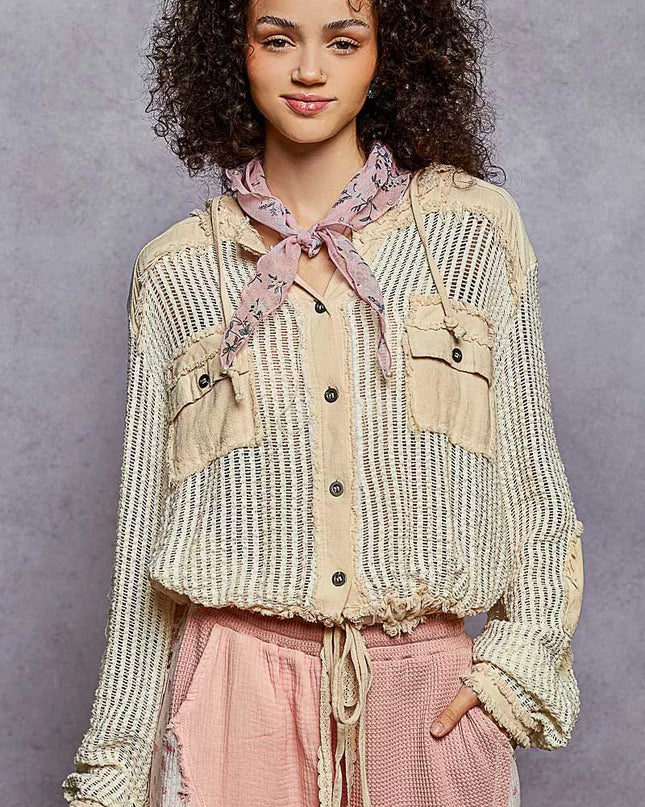 POL Texture Woven Button Down Hooded Shirt with Drawstring Hem - Sleekdenim.com