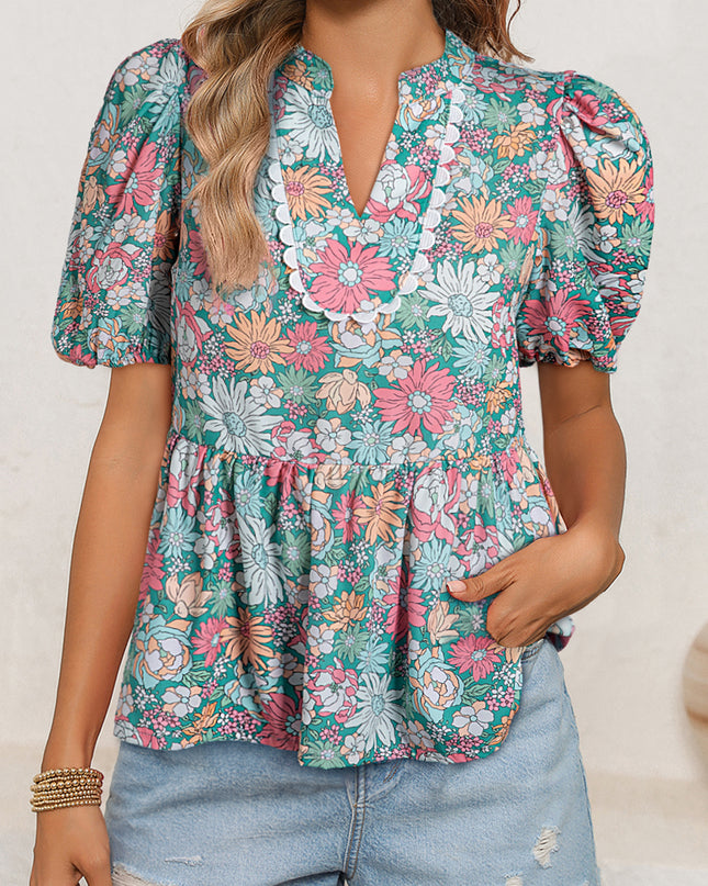 Multicolour Floral Print Short Puff Sleeve V Neck Boho Peplum Blouse - Sleekdenim.com