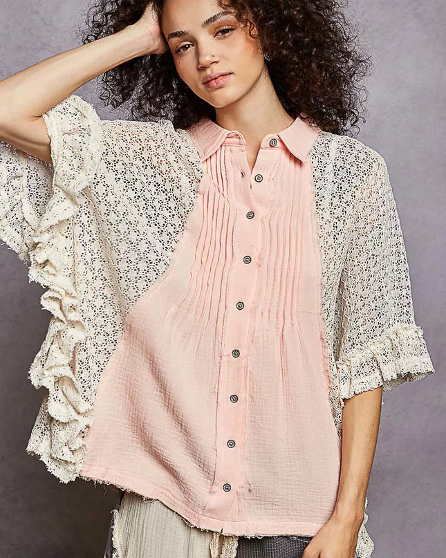 POL Button Down Front Pleated Shirt with Crochet Patch - Sleekdenim.com