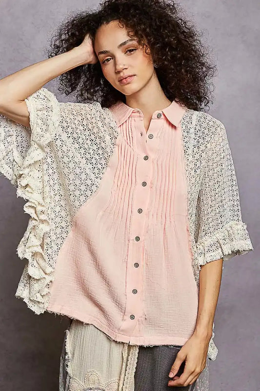 POL Button Down Front Pleated Shirt with Crochet Patch - Sleekdenim.com