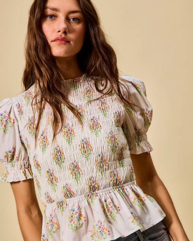 SO ME Floral Cotton Smocked Short Sleeves Blouse - Sleekdenim.com