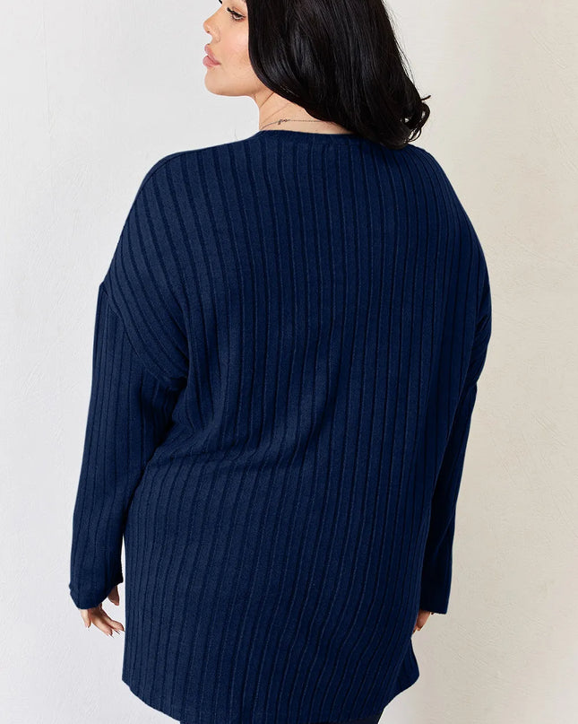 Basic Bae Full Size Ribbed Half Button Long Sleeve High-Low T-Shirt - Sleekdenim.com