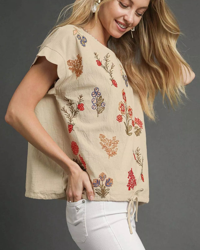 Umgee Embroidered Scallop Sleeve Top with Drawstring Hem - Sleekdenim.com
