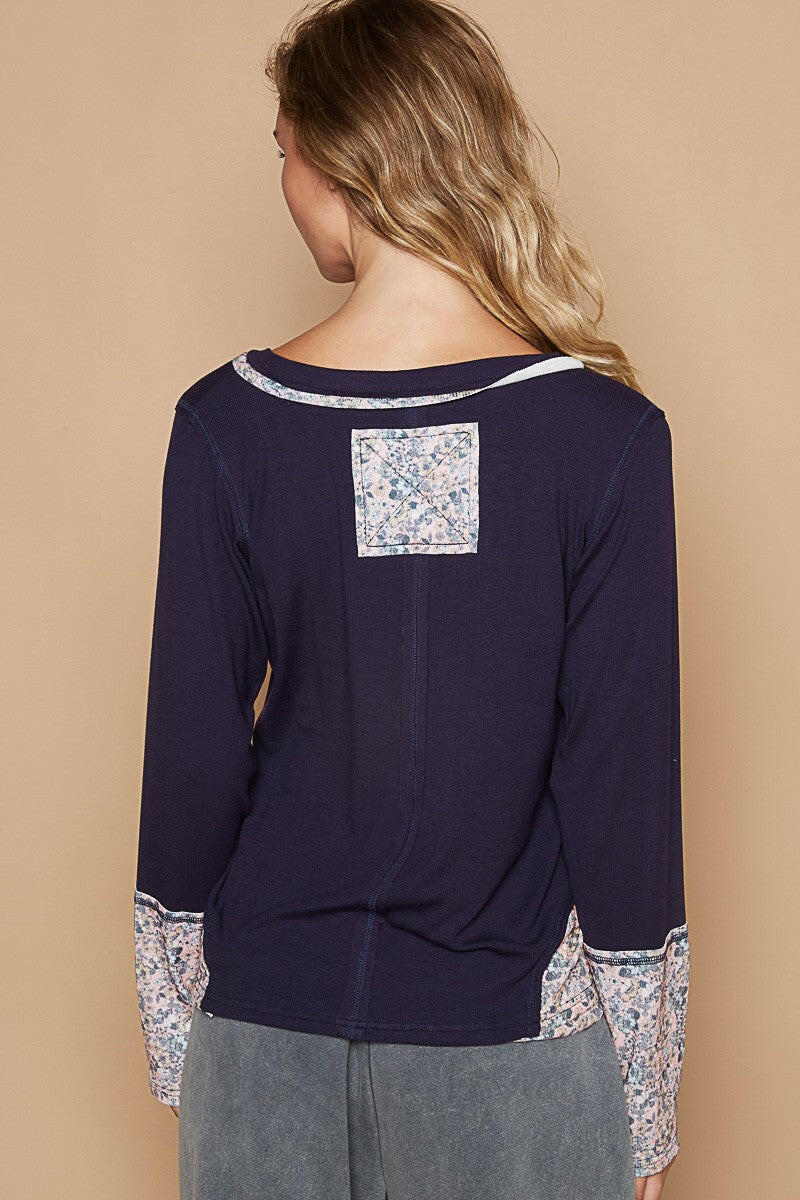 POL V-Neck Long Sleeve Floral Number Patch T-Shirt.